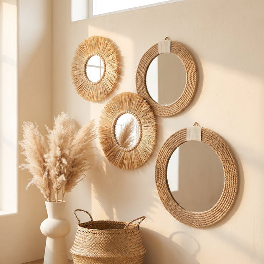Complete 4-piece raffia and rope wall mirror collection styled on a boho wall