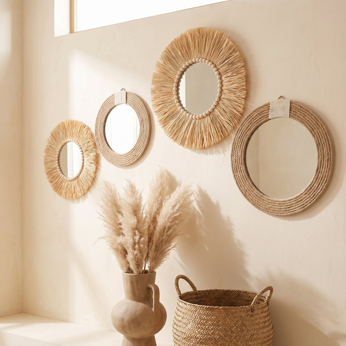 Complete 4-piece raffia and rope wall mirror collection, alternate wall arrangement