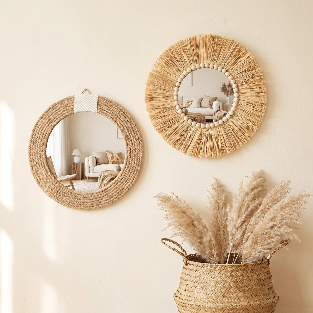 Petite Pair, 25cm rope and 35cm raffia mirrors together