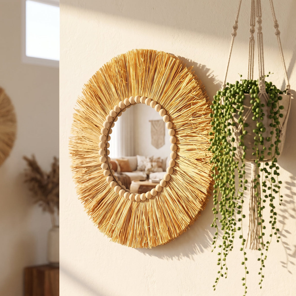Raffia sunburst round wall mirror, 35cm