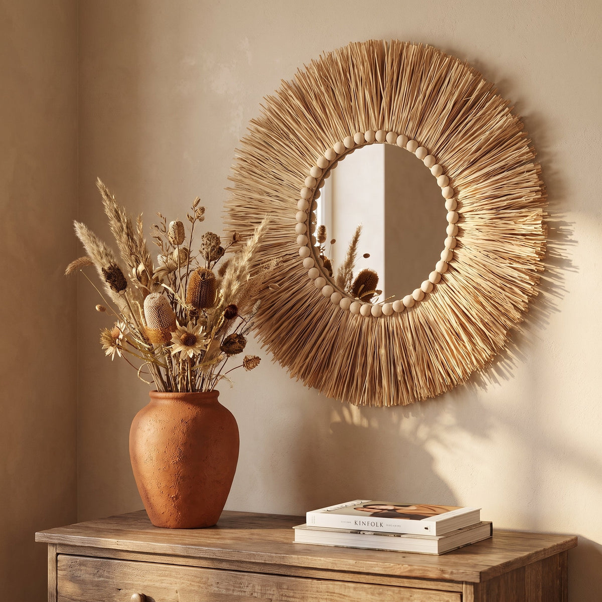 Raffia sunburst round wall mirror, 40cm