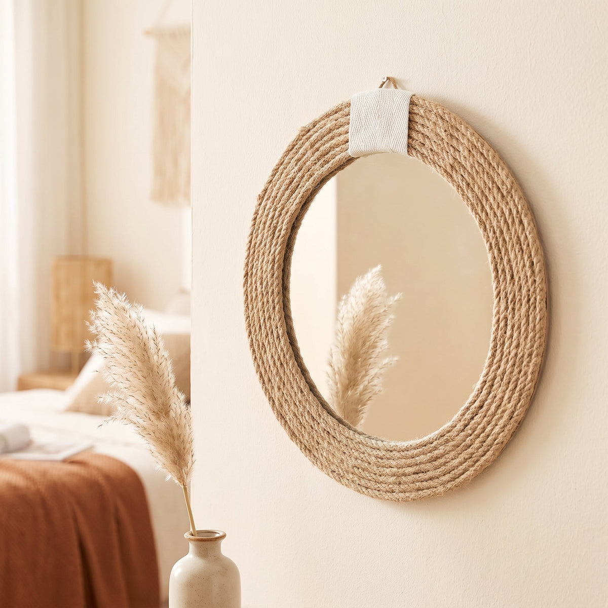 Rope-wrapped round wall mirror, 25cm