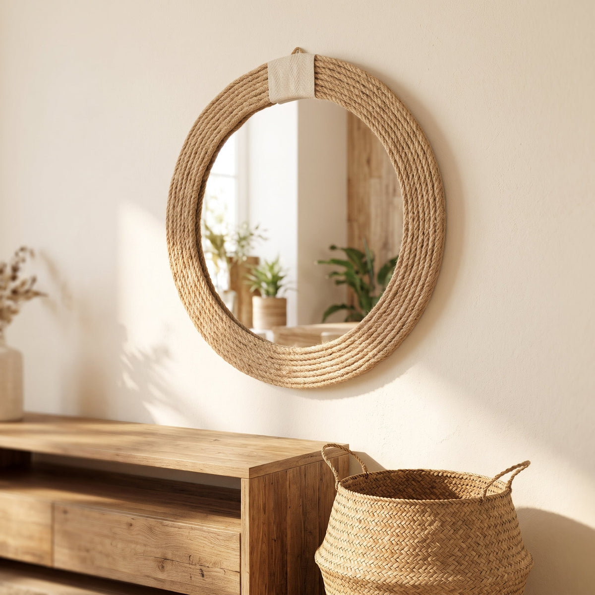 Rope-wrapped round wall mirror, 30cm