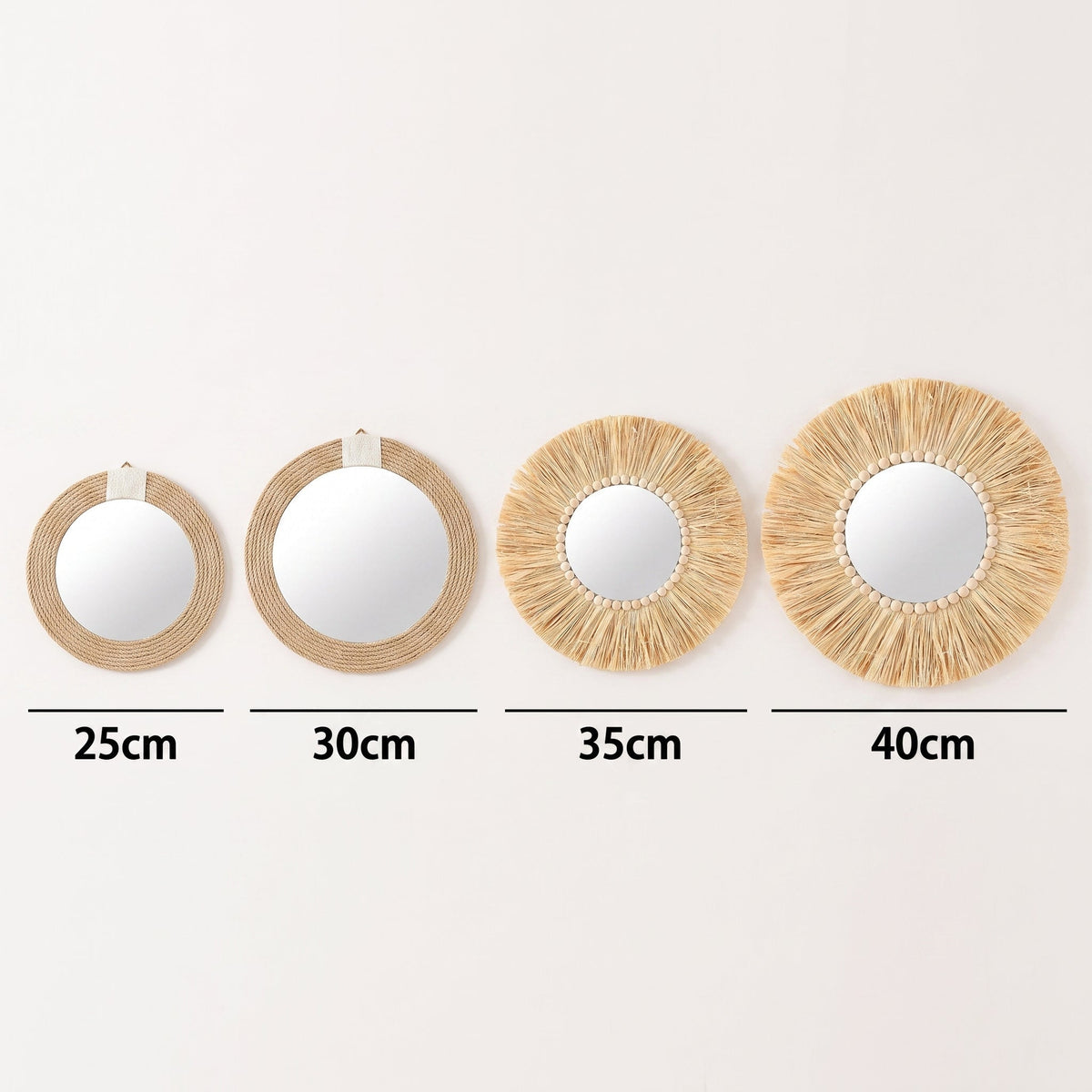 Size guide showing all four mirror diameters: 25cm, 30cm, 35cm, 40cm