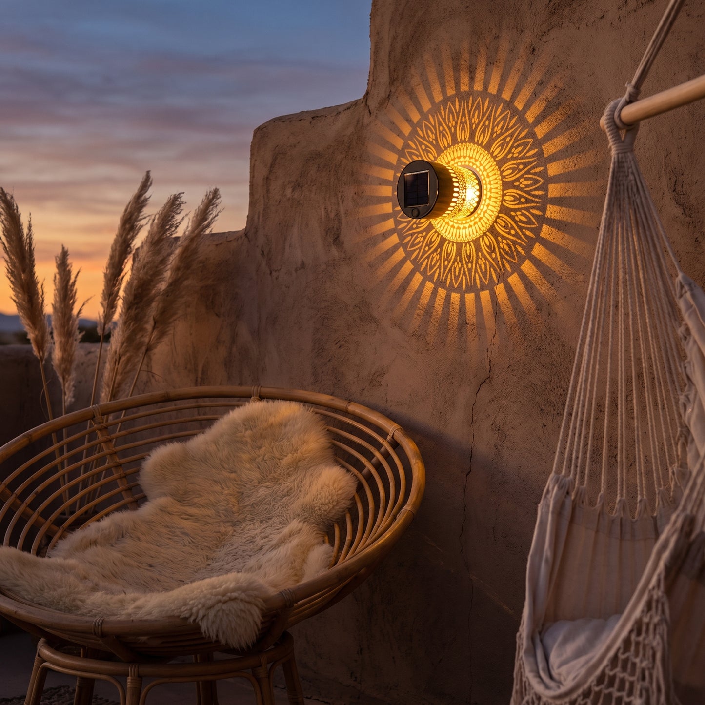 Solar mandala wall light glowing warm amber on an adobe wall in a desert boho lounge setting