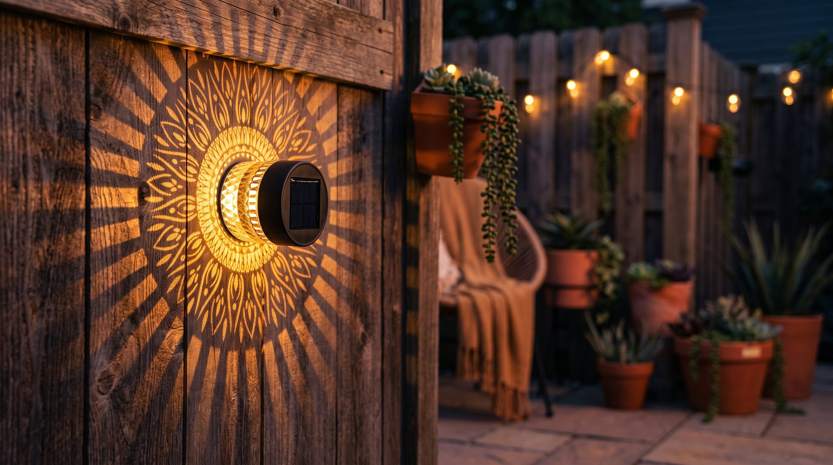 Solar mandala wall light glowing on a wooden fence at dusk with string lights and terracotta planters