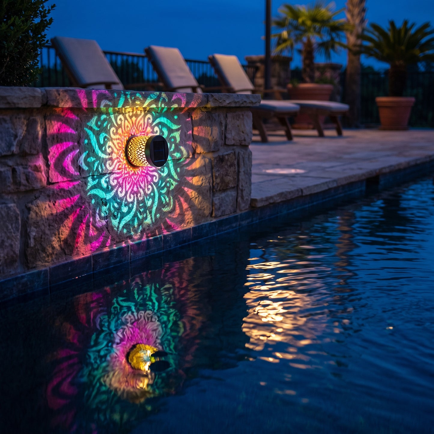 Solar mandala wall light glowing in rainbow colors poolside with water reflection