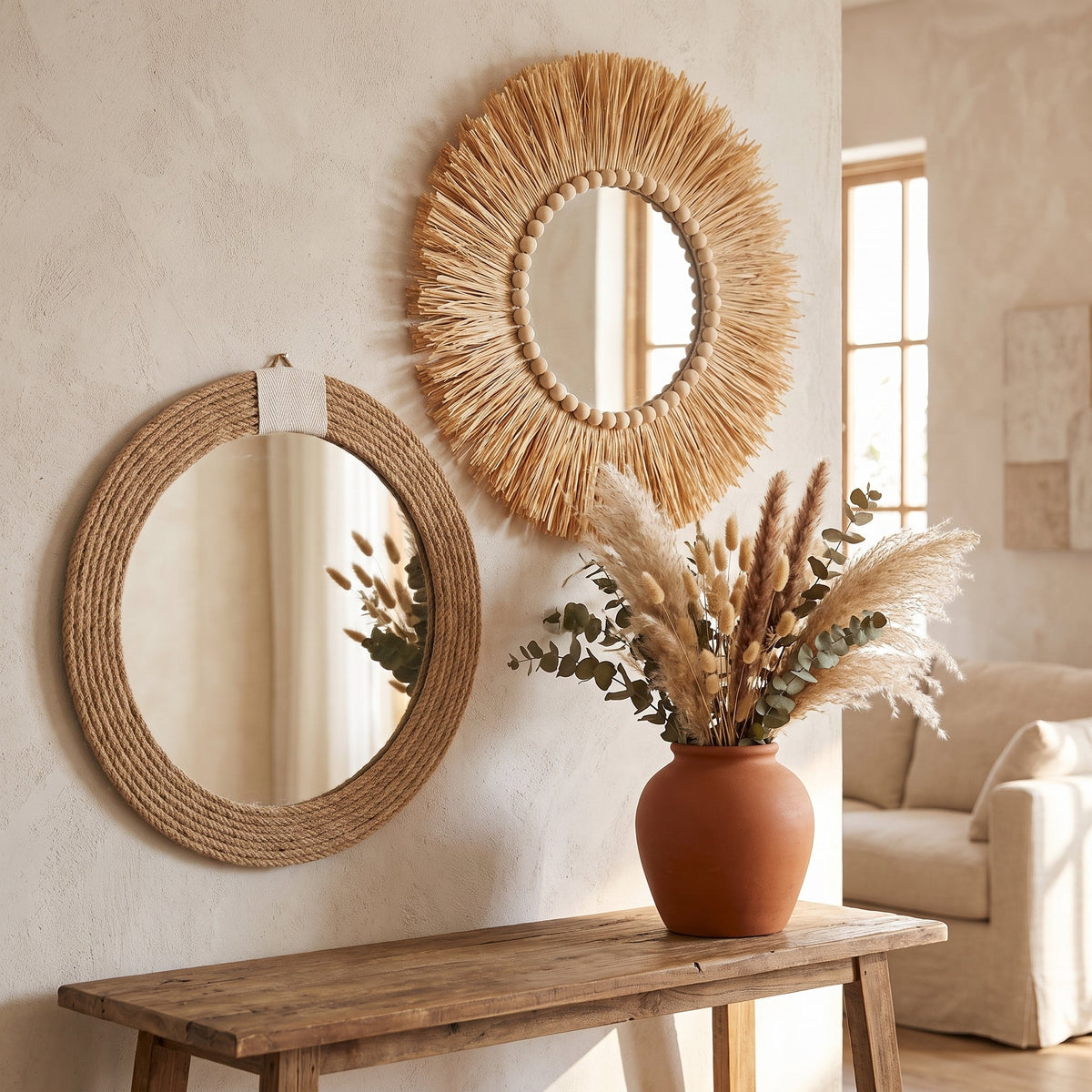 Statement Pair, 30cm rope and 40cm raffia mirrors together